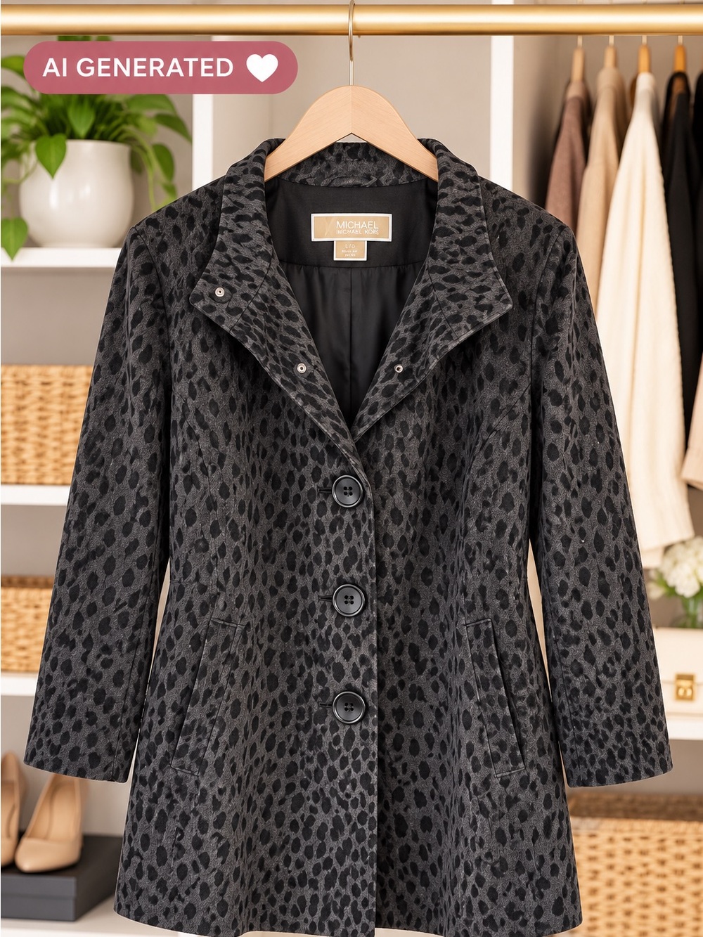 Michael Kors Gray Black Leopard-Print Pea Coat